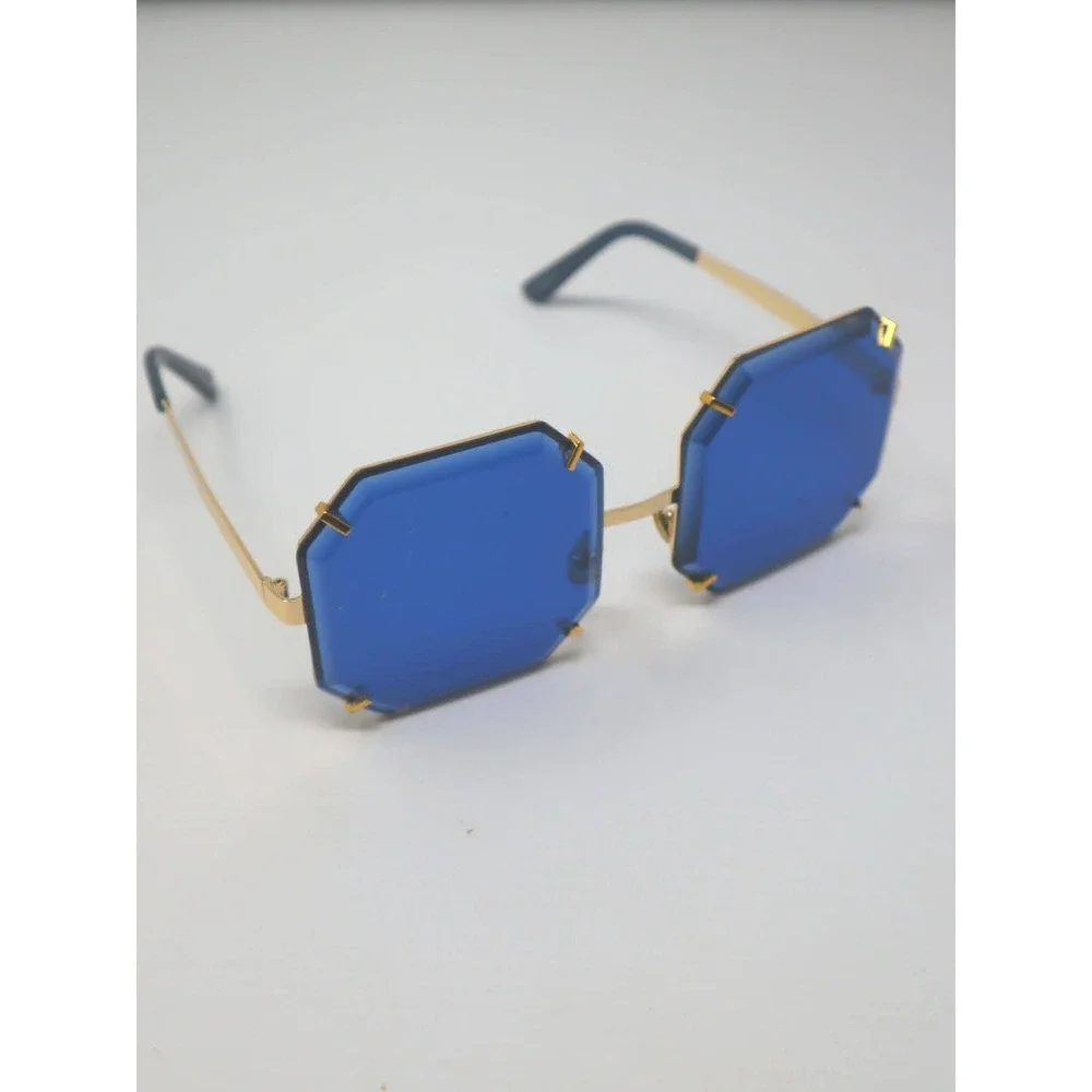 Blue Geometric Sunglasses Women Like New Gold Octagon Rimless Style Gem
